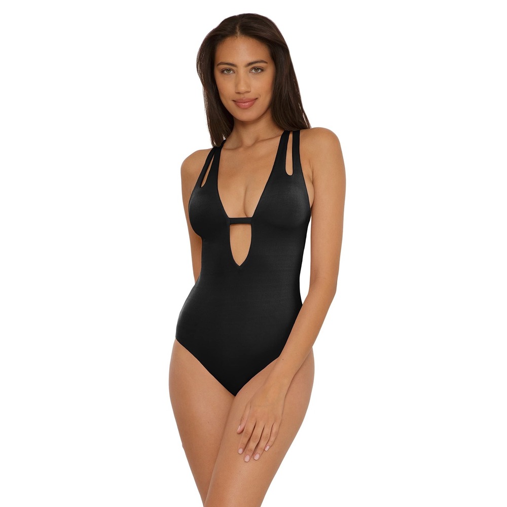 NWT BECCA Black Color Prism One Piece Plunge‎ Cutout Monokini Swimsuit Medium